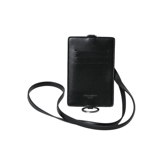 Dolce & Gabbana Black Calf Leather Lanyard Logo Card Holder Men Men's Wallet